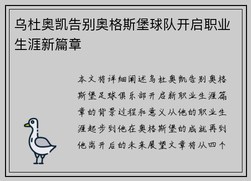 乌杜奥凯告别奥格斯堡球队开启职业生涯新篇章