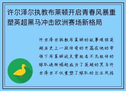 许尔泽尔执教布莱顿开启青春风暴重塑英超黑马冲击欧洲赛场新格局 许尔泽尔执教布莱顿开启青春风暴重塑英超黑马冲击欧洲赛场新格局